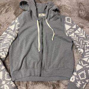 Vintage Hollister Knit Grey Hoodie with Patterned Sleeves